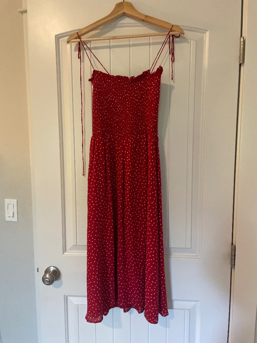Reformation Red Strapless Polka Dot Midi Dress